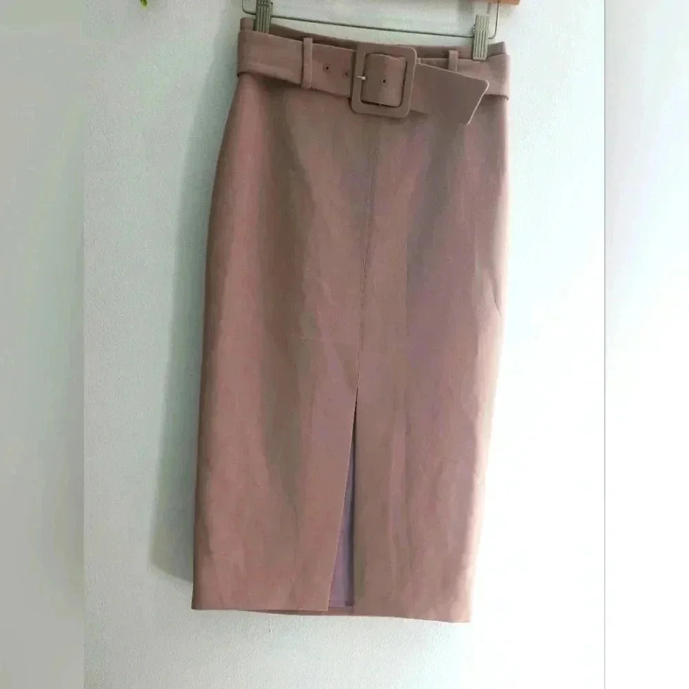 Babaton Aritzia Pegu Pencil Front Slit Belted Skirt Soft Puce Shade Sz 0